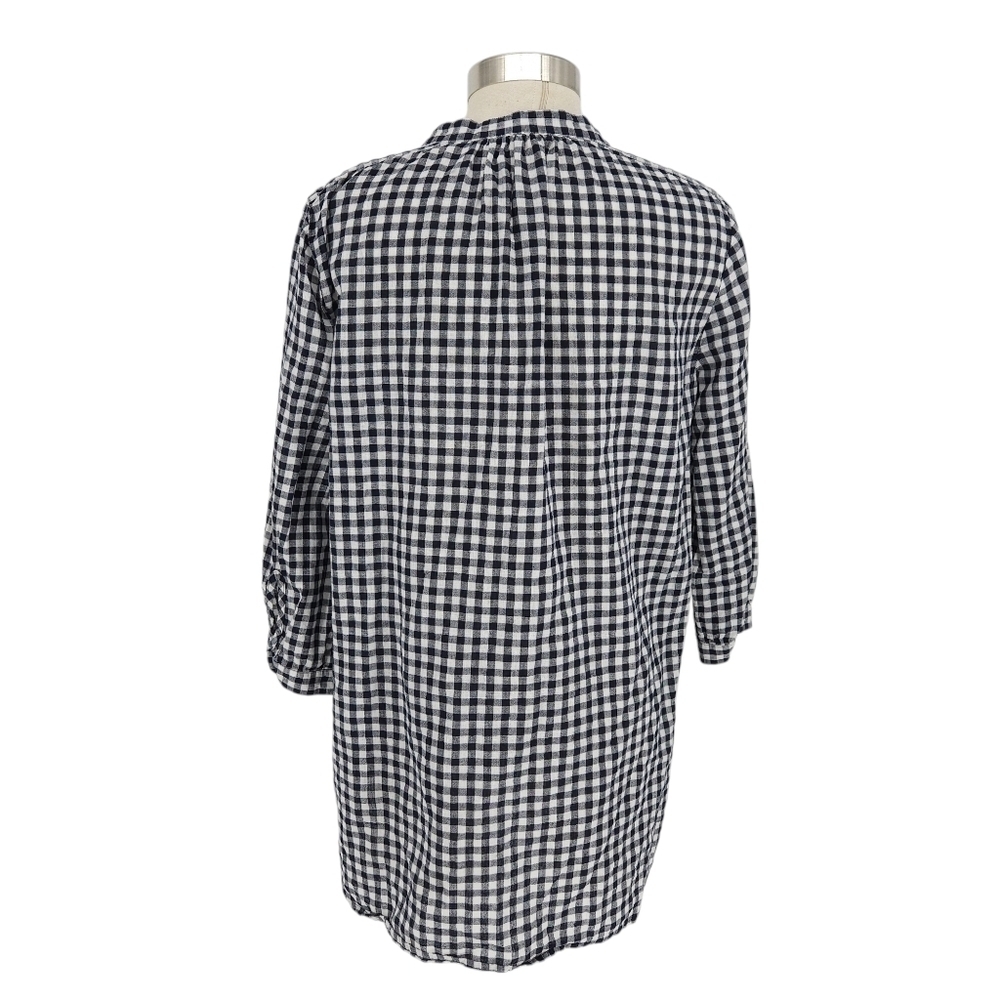 J.CREW Tunic Shirt Linen Black Gingham 3/4 Sleeve V Neck Relaxed Fit Top Medium - Picture 3 of 6